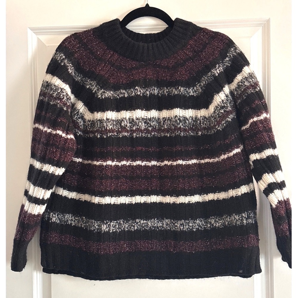 Zara Man 100% Wool Nordic Stripe Sweater XL Burgundy Black Chunky‎ Pullover